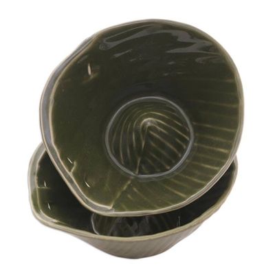 Alternate image for Green Handmade Ceramic Bowls Pair Rounded Bananas