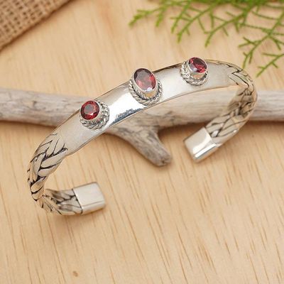 Primary image for Braided Sterling Silver Cuff Bracelet with Three Garnets Three Guardians