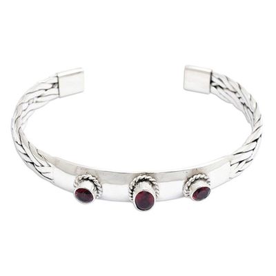 Alternate image for Braided Sterling Silver Cuff Bracelet with Three Garnets Three Guardians