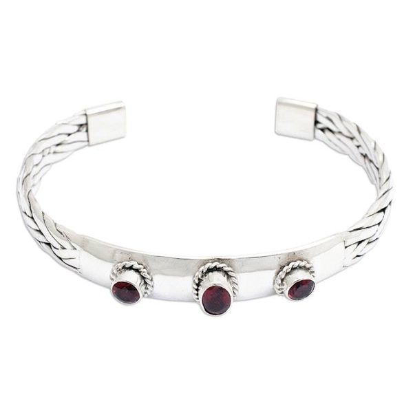 Alternate image for Braided Sterling Silver Cuff Bracelet with Three Garnets Three Guardians