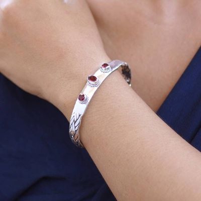 Alternate image for Braided Sterling Silver Cuff Bracelet with Three Garnets Three Guardians