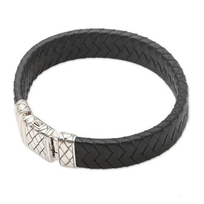 Alternate image for Black Leather and Sterling Silver Mens Bracelet Adaptation