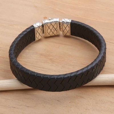 Alternate image for Black Leather and Sterling Silver Mens Bracelet Adaptation