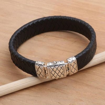 Alternate image for Black Leather and Sterling Silver Mens Bracelet Adaptation