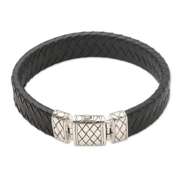 Alternate image for Black Leather and Sterling Silver Mens Bracelet Adaptation