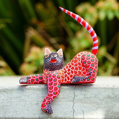 Alternate image for Mexican Wood Alebrije Figurine Lounging Cat in Red