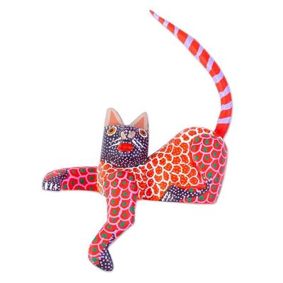 Alternate image for Mexican Wood Alebrije Figurine Lounging Cat in Red