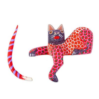 Alternate image for Mexican Wood Alebrije Figurine Lounging Cat in Red