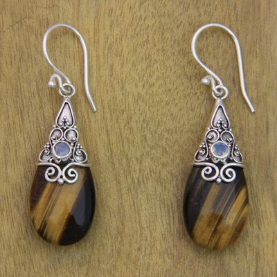 Primary image for Fair Trade Tigers Eye and Rainbow Moonstone Earrings Sunset Aurora