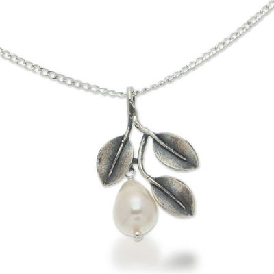 Alternate image for Leaf-Themed Cultured Pearl Sterling Silver Pendant Necklace Iridescent Pear