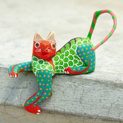 Alternate image for Handmade Alebrije for Shelf or Table Lounging Cat in Green