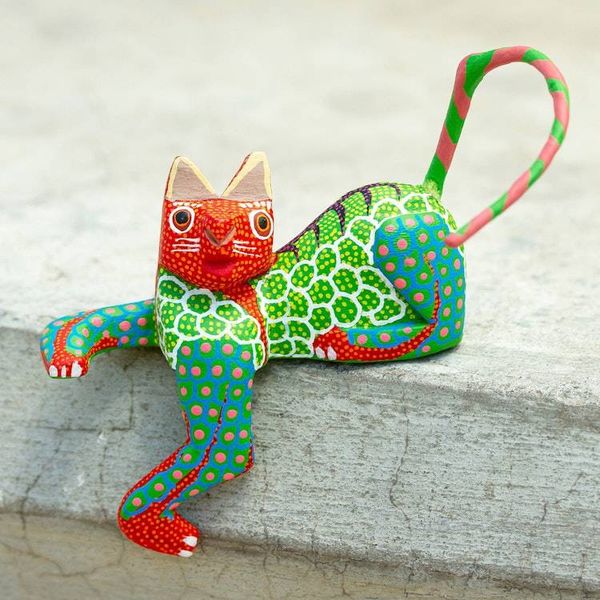 Alternate image for Handmade Alebrije for Shelf or Table Lounging Cat in Green