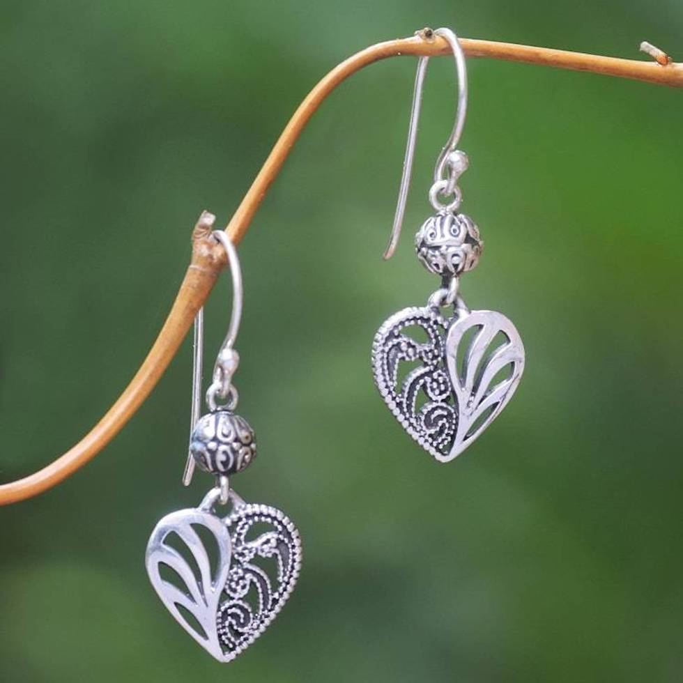Sterling Silver Dangle Earrings Heart Shape from Indonesia 'The Other Side'