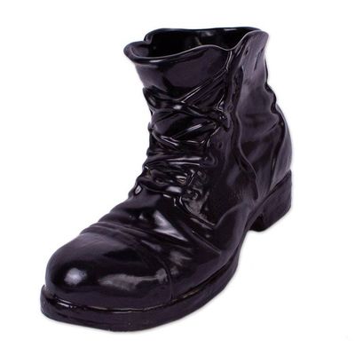Alternate image for Realistic Black Boot Ceramic Figurine from Mexico Sturdy Black Boot