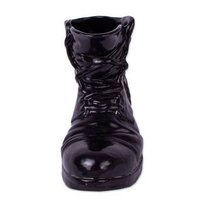 Alternate image for Realistic Black Boot Ceramic Figurine from Mexico Sturdy Black Boot