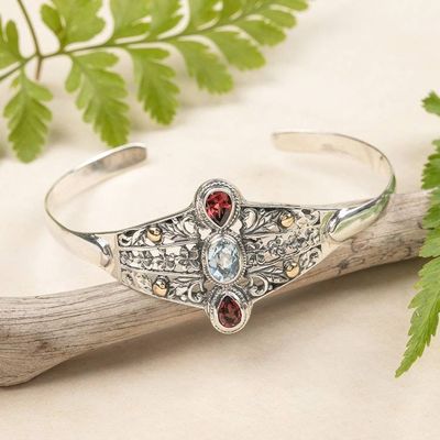 Primary image for Gold-Accented Floral Blue Topaz Garnet Silver Cuff Bracelet Sparkling Garden