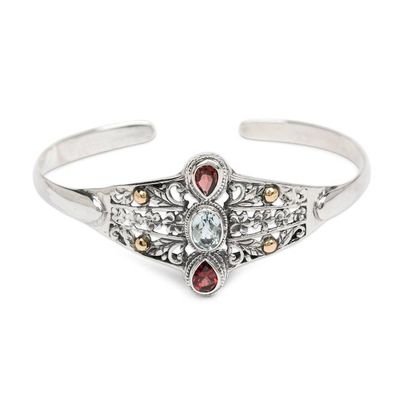 Alternate image for Gold-Accented Floral Blue Topaz Garnet Silver Cuff Bracelet Sparkling Garden