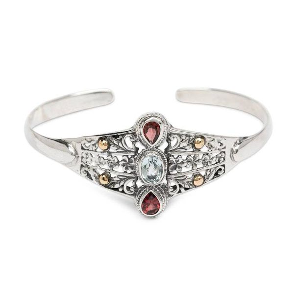 Alternate image for Gold-Accented Floral Blue Topaz Garnet Silver Cuff Bracelet Sparkling Garden