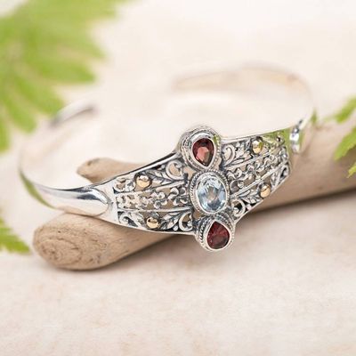 Alternate image for Gold-Accented Floral Blue Topaz Garnet Silver Cuff Bracelet Sparkling Garden