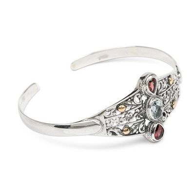 Alternate image for Gold-Accented Floral Blue Topaz Garnet Silver Cuff Bracelet Sparkling Garden