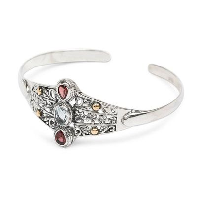 Alternate image for Gold-Accented Floral Blue Topaz Garnet Silver Cuff Bracelet Sparkling Garden