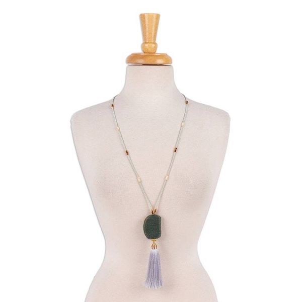 Alternate image for Gold-Accented Pearl Green Pendant and Grey Tassel Y Necklace Chic Vibrancy