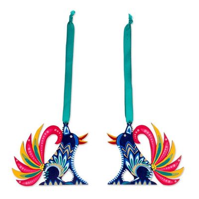 Alternate image for Folk Art Alebrije-Themed Coyote-Shaped Wood Ornament Pair Dreamy Coyote
