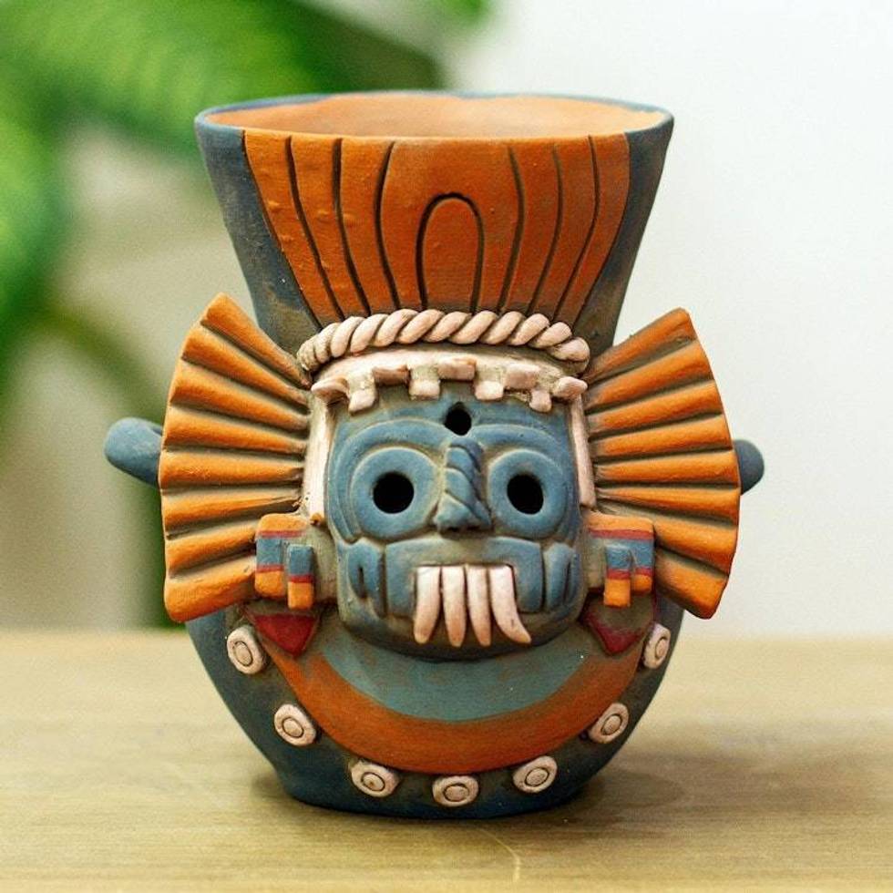 Signed Ceramic Aztec Tlaloc Replica Vessel 'Blue Aztec Rain God'
