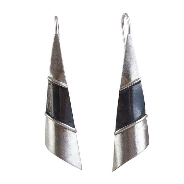Alternate image for Matte Fine Silver Signed Modern Drop Earrings Modern Pyramid