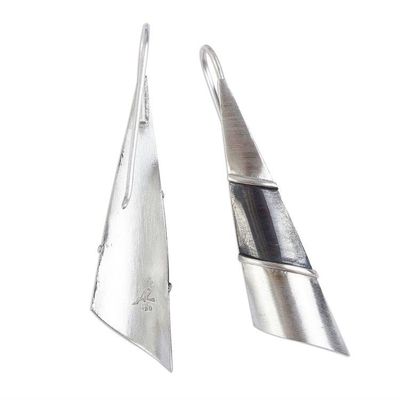 Alternate image for Matte Fine Silver Signed Modern Drop Earrings Modern Pyramid
