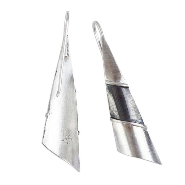 Alternate image for Matte Fine Silver Signed Modern Drop Earrings Modern Pyramid