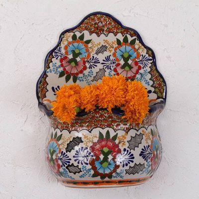 Primary image for Floral Talavera-Style Ceramic Wall Planter from Mexico Lively Talavera