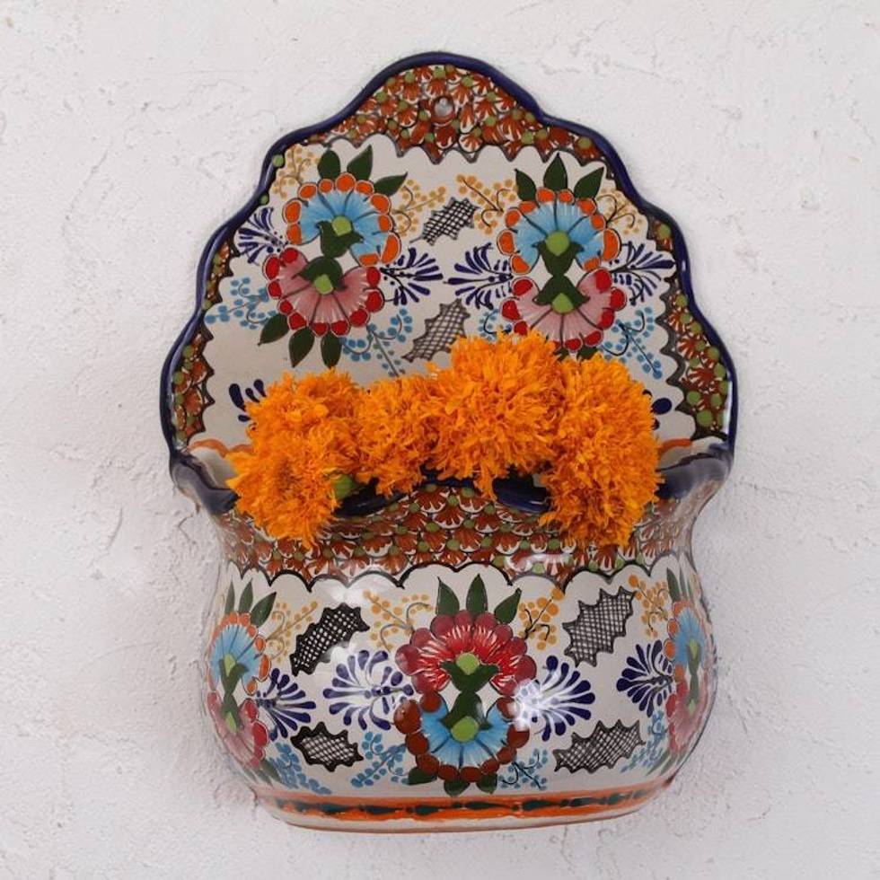 Floral Talavera-Style Ceramic Wall Planter from Mexico 'Lively Talavera'
