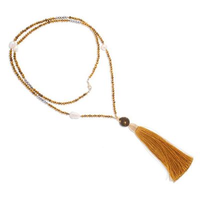 Alternate image for Gold-Accented Y Necklace with Pearls Crystals Mustard Tassel Vibrant Tassel