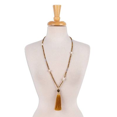 Alternate image for Gold-Accented Y Necklace with Pearls Crystals Mustard Tassel Vibrant Tassel