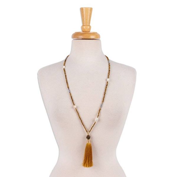 Alternate image for Gold-Accented Y Necklace with Pearls Crystals Mustard Tassel Vibrant Tassel