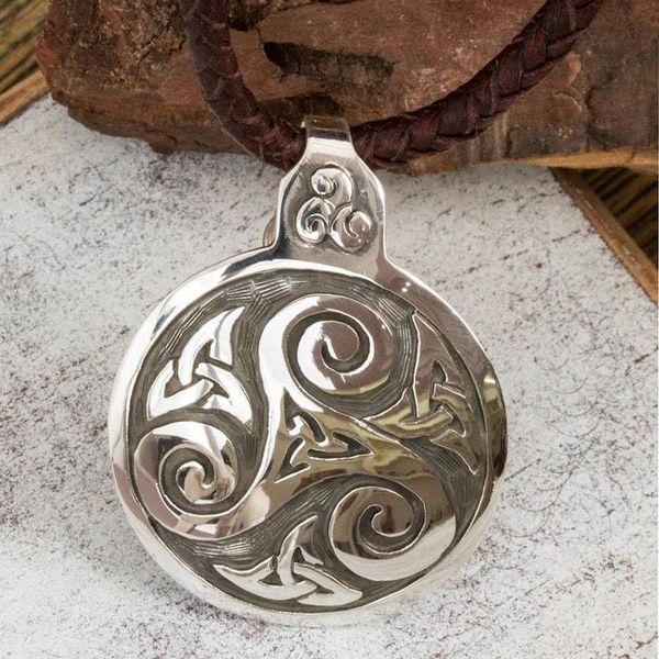 Alternate image for Fair Trade Celtic Handcrafted Brown Leather Silver Necklace Celtic Triskelion