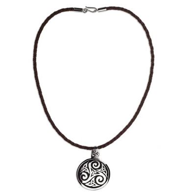 Alternate image for Fair Trade Celtic Handcrafted Brown Leather Silver Necklace Celtic Triskelion