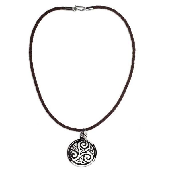 Alternate image for Fair Trade Celtic Handcrafted Brown Leather Silver Necklace Celtic Triskelion