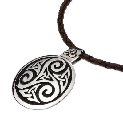 Alternate image for Fair Trade Celtic Handcrafted Brown Leather Silver Necklace Celtic Triskelion