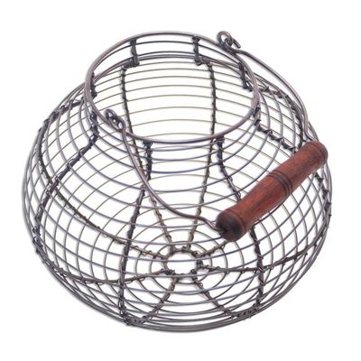 Alternate image for Handmade Round Aluminum Decorative Basket with Wood Handle Round Cage