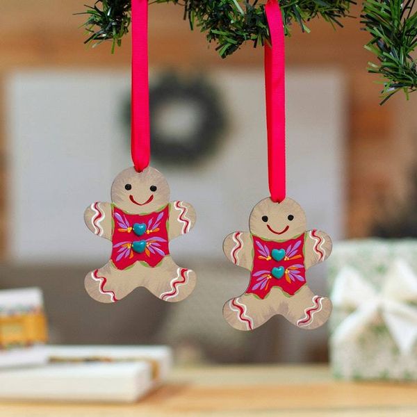 Alternate image for Pair of Gingerbread Man-Shaped Hand-Painted Wood Ornaments Ginger Love