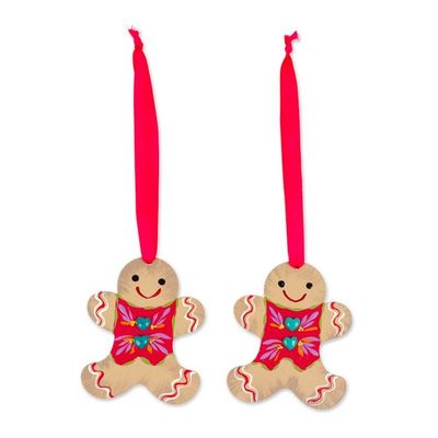Alternate image for Pair of Gingerbread Man-Shaped Hand-Painted Wood Ornaments Ginger Love