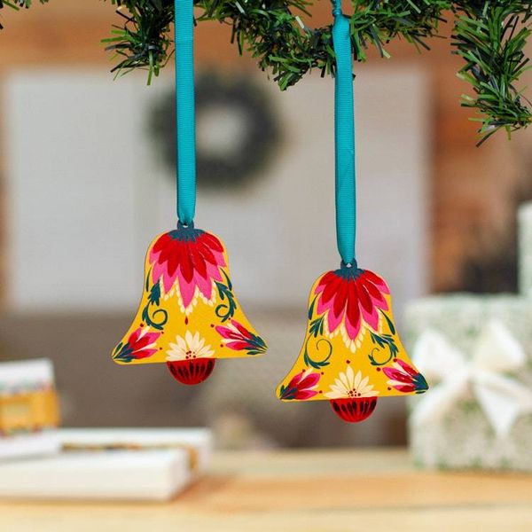 Alternate image for Floral Hand-Painted Yellow and Red Wood Bell Ornament Pair Classic Melody