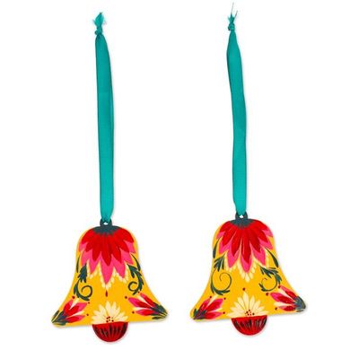 Alternate image for Floral Hand-Painted Yellow and Red Wood Bell Ornament Pair Classic Melody