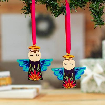 Primary image for Handmade Angel-Themed Wood Ornament Pair with Nylon Ribbons Angelic Time
