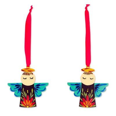 Alternate image for Handmade Angel-Themed Wood Ornament Pair with Nylon Ribbons Angelic Time