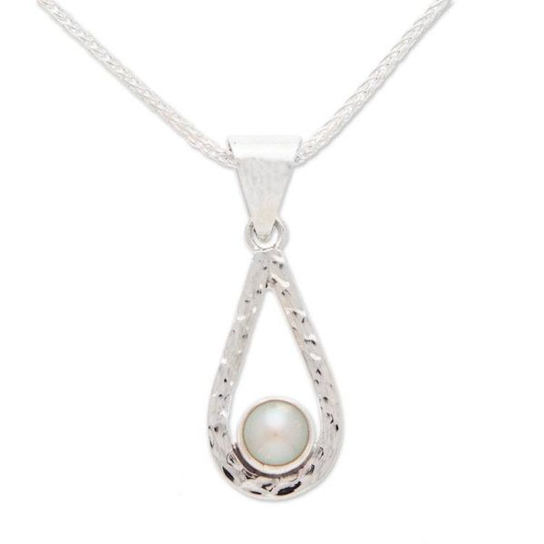 Alternate image for White Pearl Handcrafted Textured Taxco Silver Necklace Luminous Rain