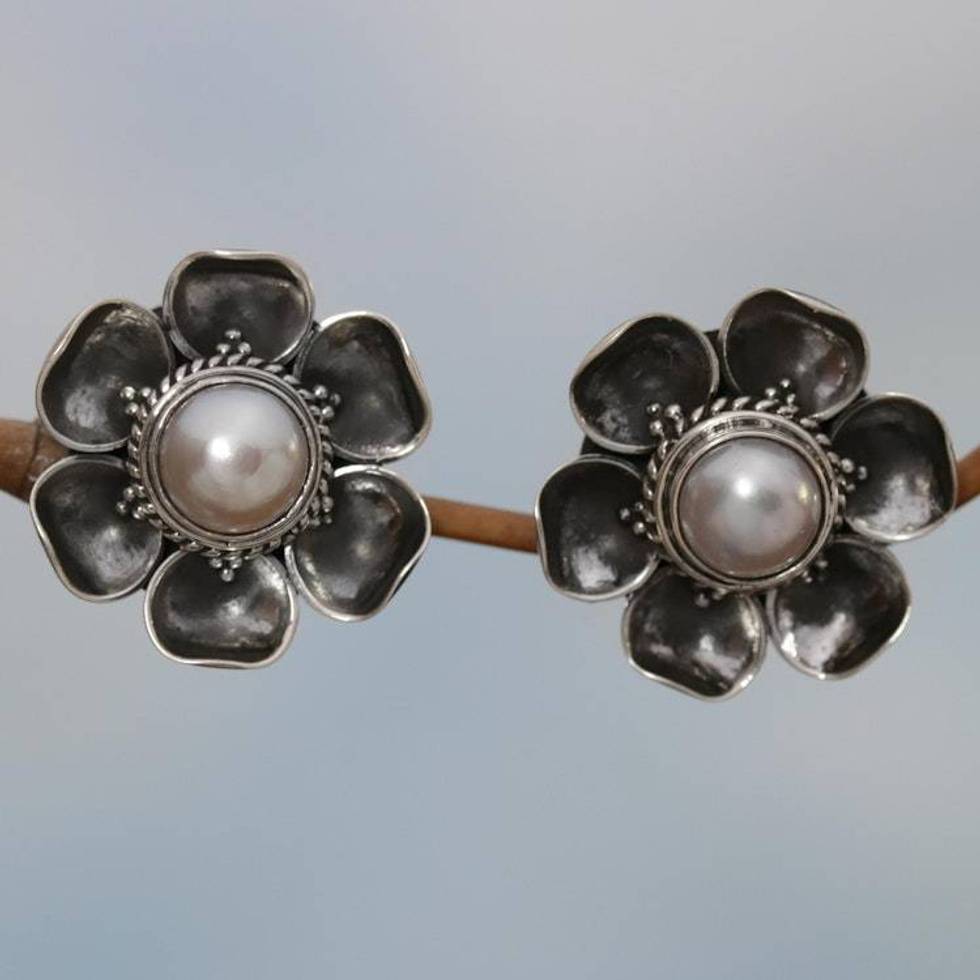 Cultured Mabe Pearl Button Earrings from Indonesia 'Blooming White Roses'