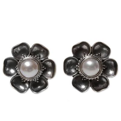 Alternate image for Cultured Mabe Pearl Button Earrings from Indonesia Blooming White Roses